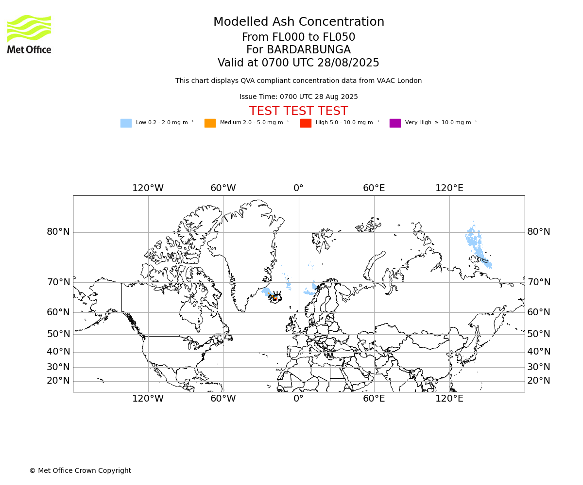 Modelled ash concentration from 000 to 050 for BARDARBUNGA. Valid at 0700 UTC 28/08/2025