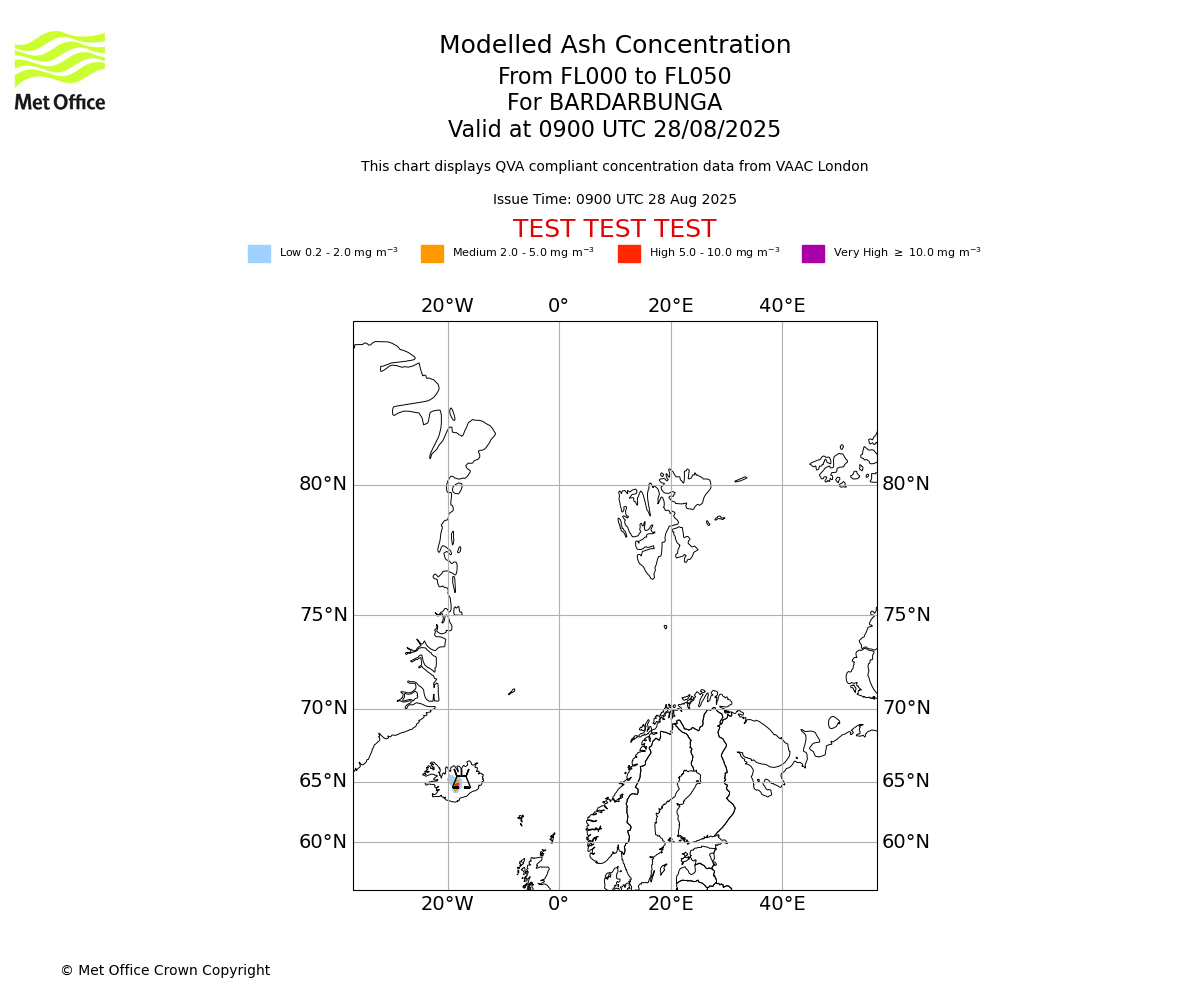 Modelled ash concentration from 000 to 050 for BARDARBUNGA. Valid at 0900 UTC 28/08/2025