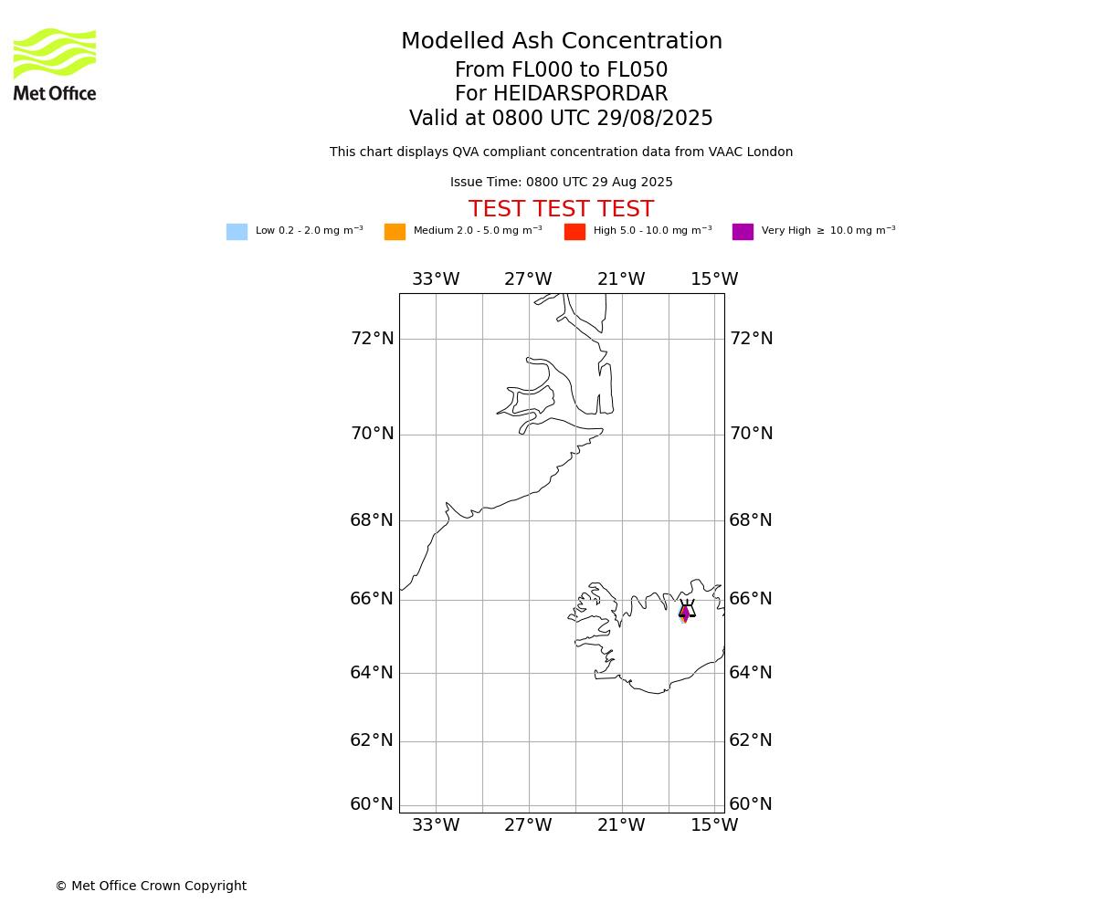Modelled ash concentration from 000 to 050 for HEIDARSPORDAR. Valid at 0800 UTC 29/08/2025