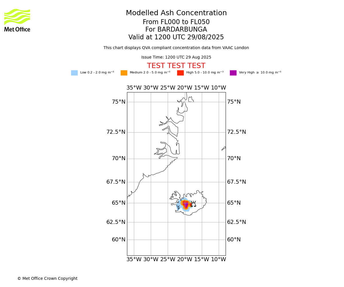 Modelled ash concentration from 000 to 050 for BARDARBUNGA. Valid at 1200 UTC 29/08/2025