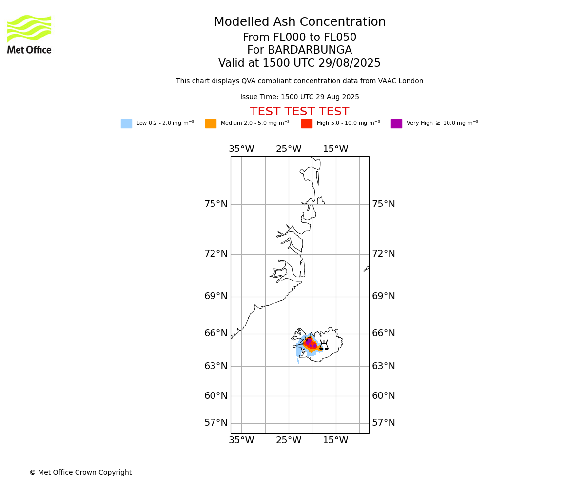 Modelled ash concentration from 000 to 050 for BARDARBUNGA. Valid at 1500 UTC 29/08/2025