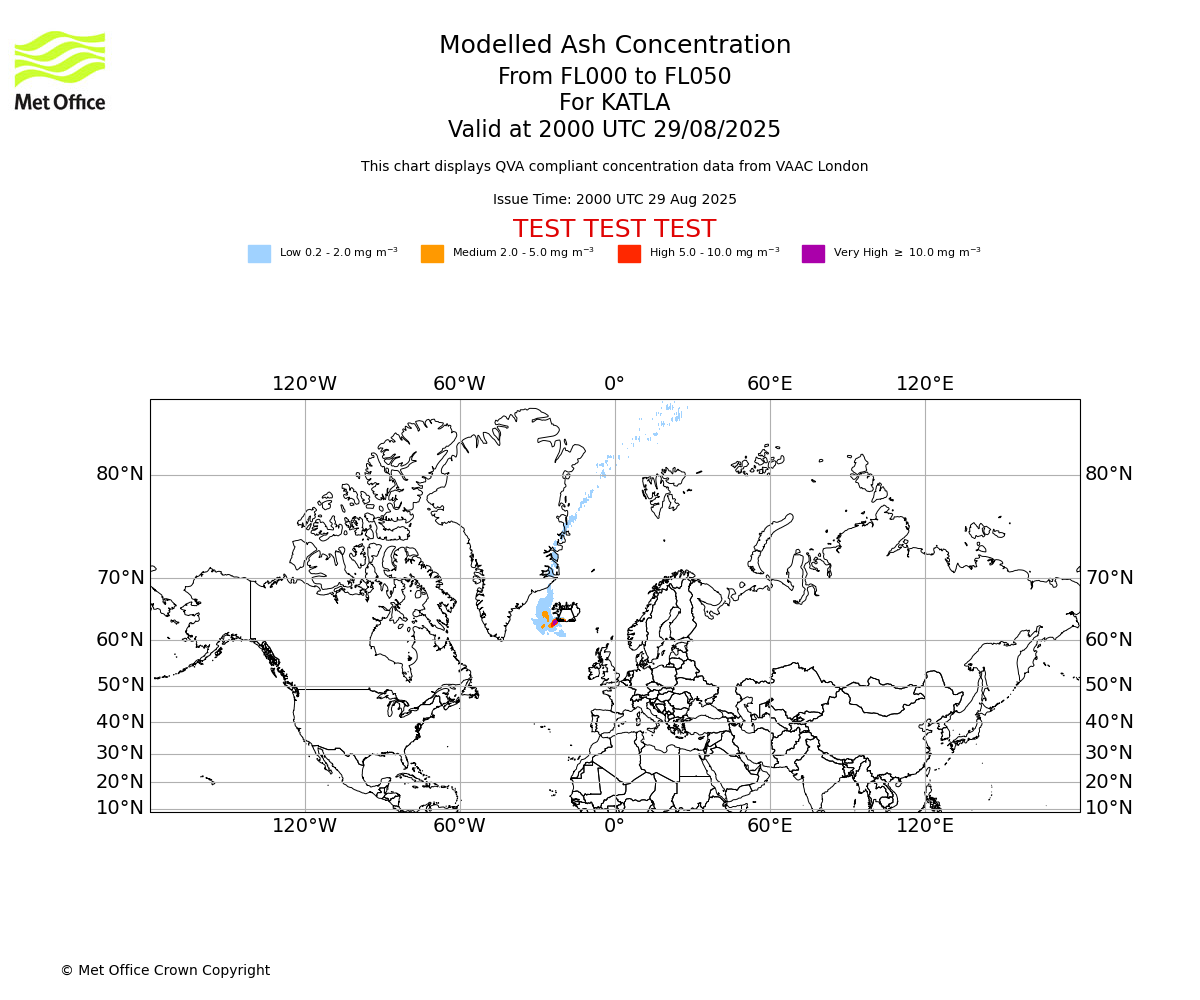 Modelled ash concentration from 000 to 050 for KATLA. Valid at 2000 UTC 29/08/2025
