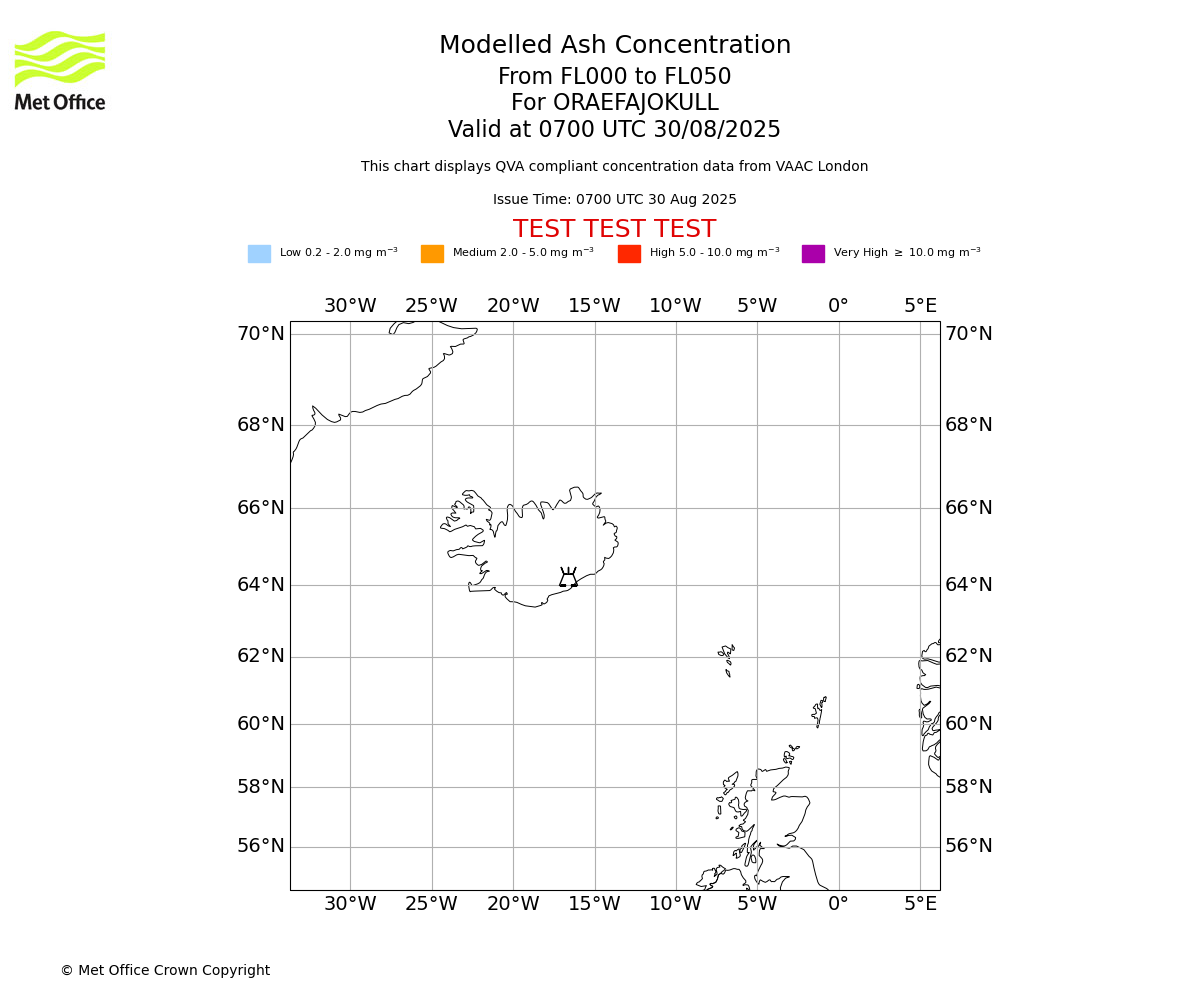 Modelled ash concentration from 000 to 050 for ORAEFAJOKULL. Valid at 0700 UTC 30/08/2025