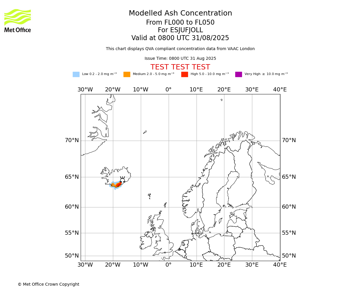 Modelled ash concentration from 000 to 050 for ESJUFJOLL. Valid at 0800 UTC 31/08/2025