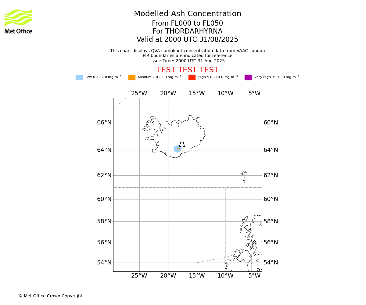 Modelled ash concentration from 000 to 050 for THORDARHYRNA. Valid at 2000 UTC 31/08/2025