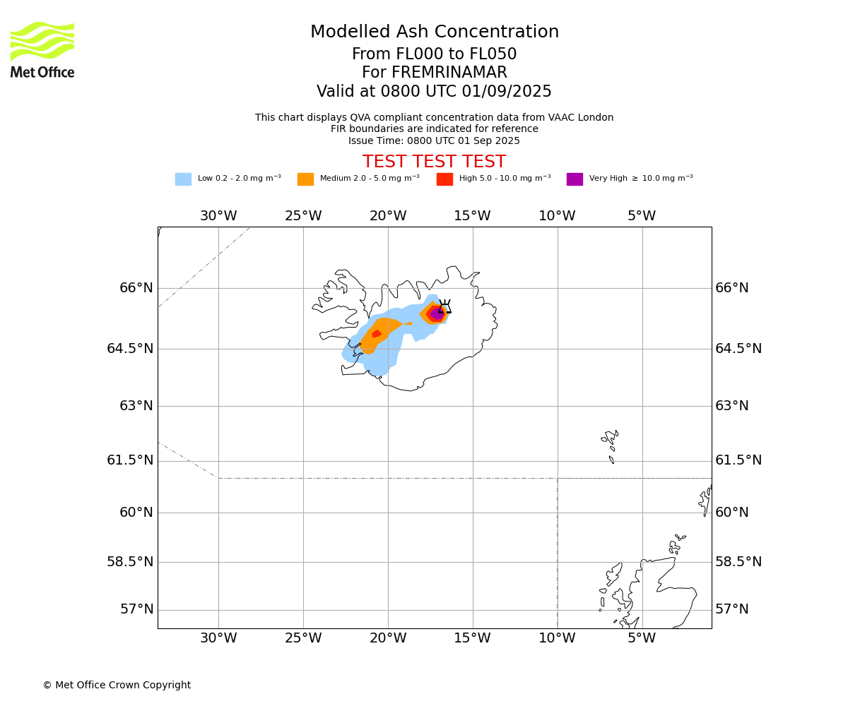 Modelled ash concentration from 000 to 050 for FREMRINAMAR. Valid at 0800 UTC 01/09/2025