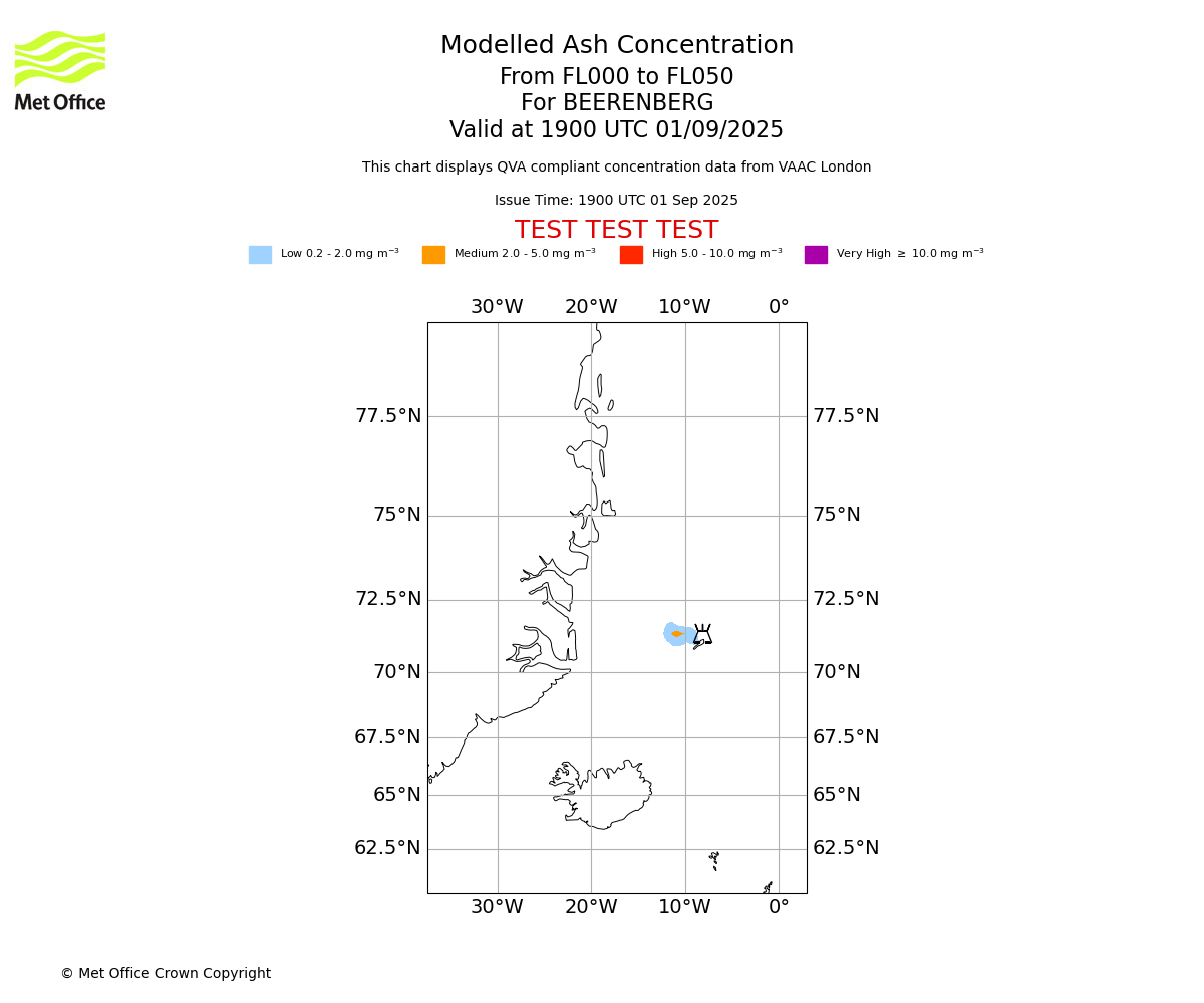 Modelled ash concentration from 000 to 050 for BEERENBERG. Valid at 1900 UTC 01/09/2025