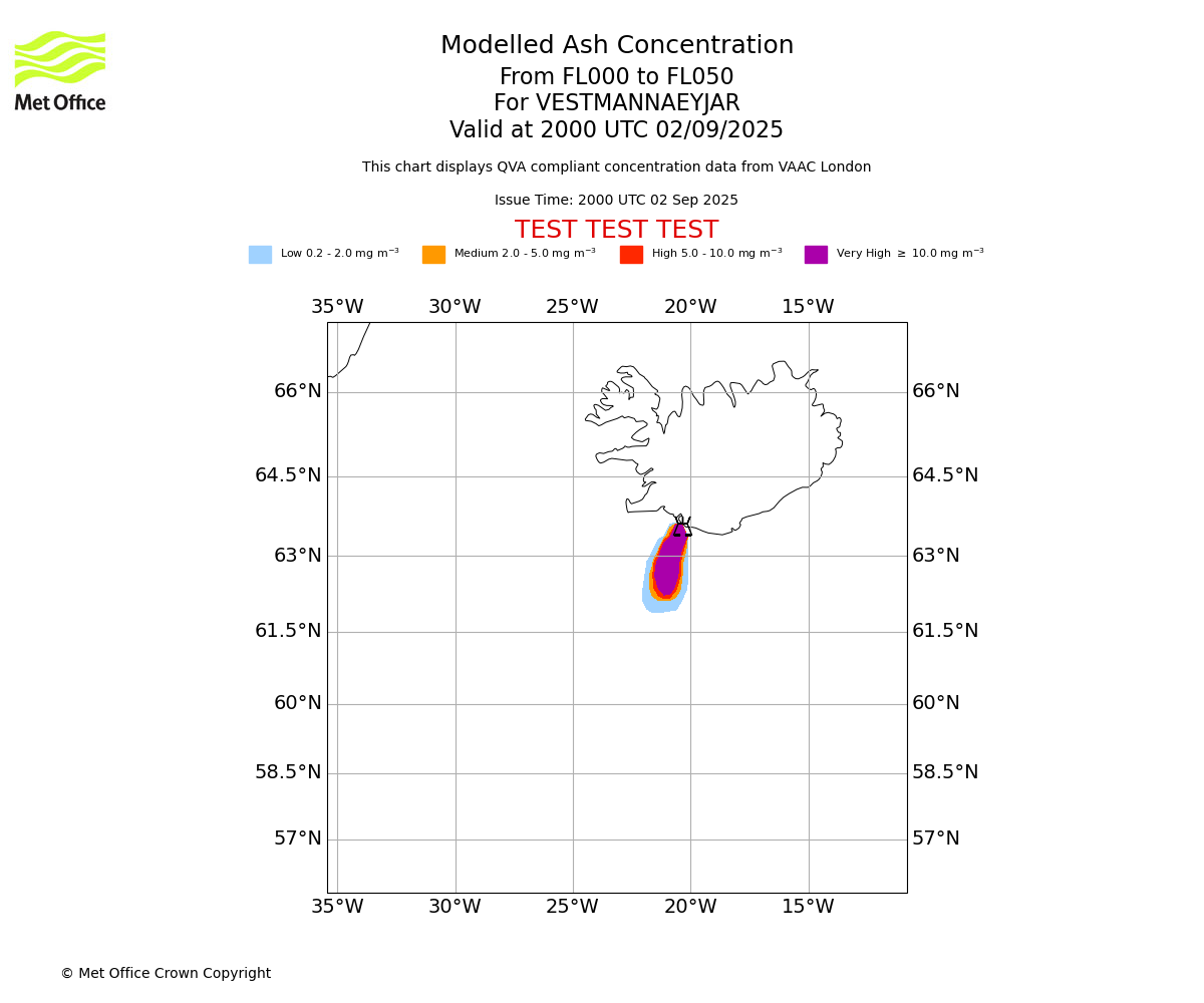 Modelled ash concentration from 000 to 050 for VESTMANNAEYJAR. Valid at 2000 UTC 02/09/2025