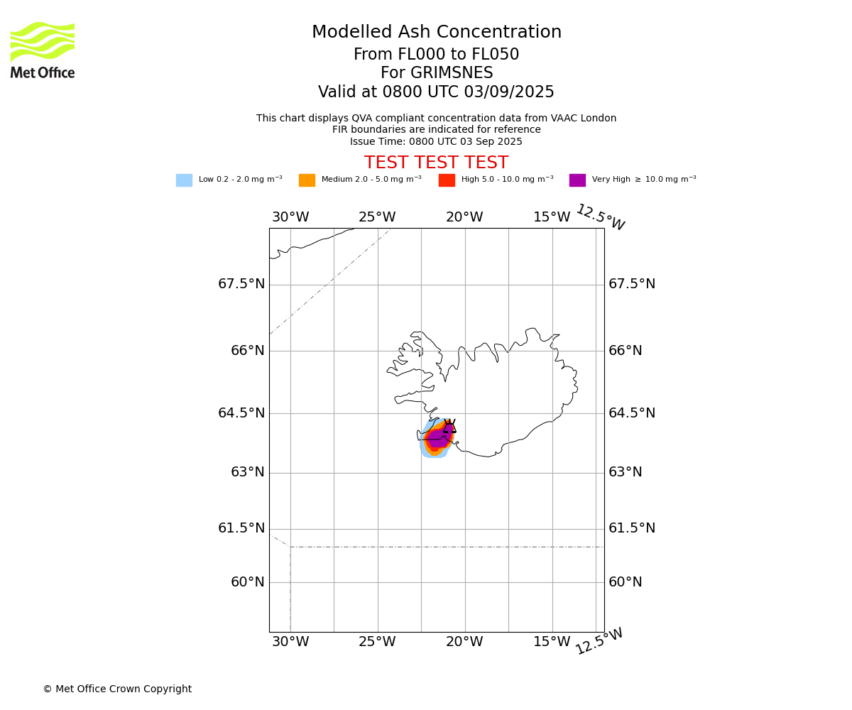 Modelled ash concentration from 000 to 050 for GRIMSNES. Valid at 0800 UTC 03/09/2025