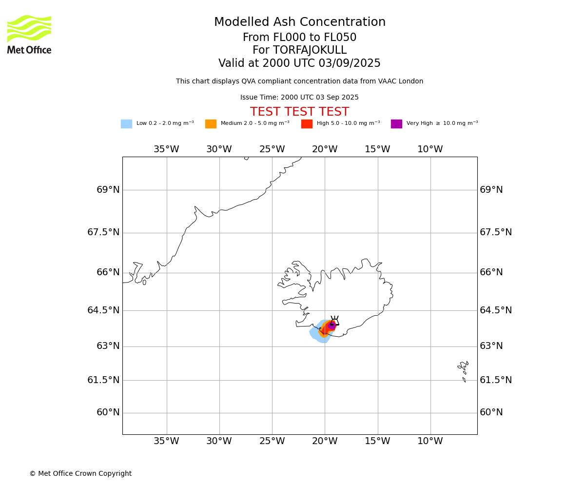 Modelled ash concentration from 000 to 050 for TORFAJOKULL. Valid at 2000 UTC 03/09/2025