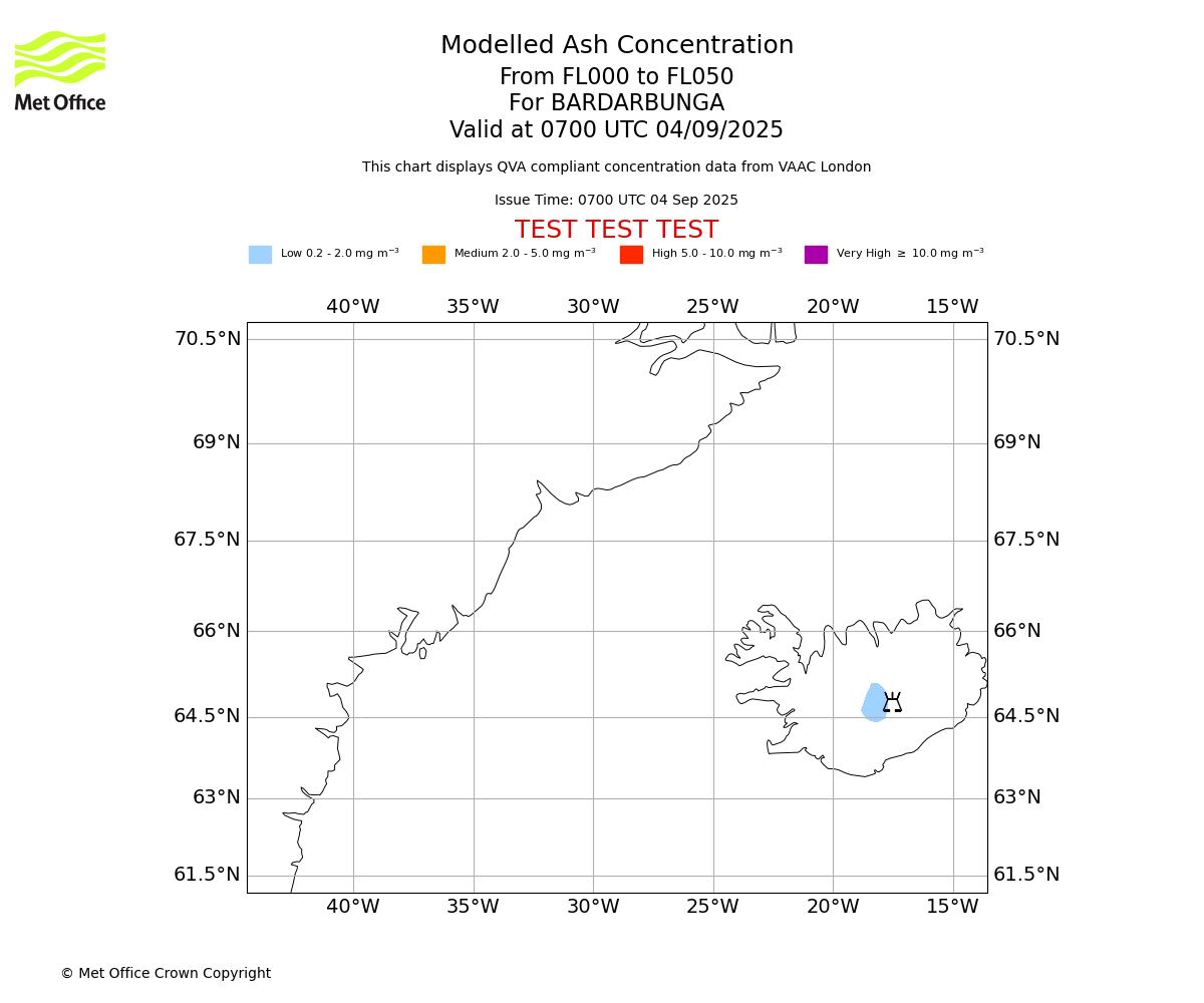 Modelled ash concentration from 000 to 050 for BARDARBUNGA. Valid at 0700 UTC 04/09/2025