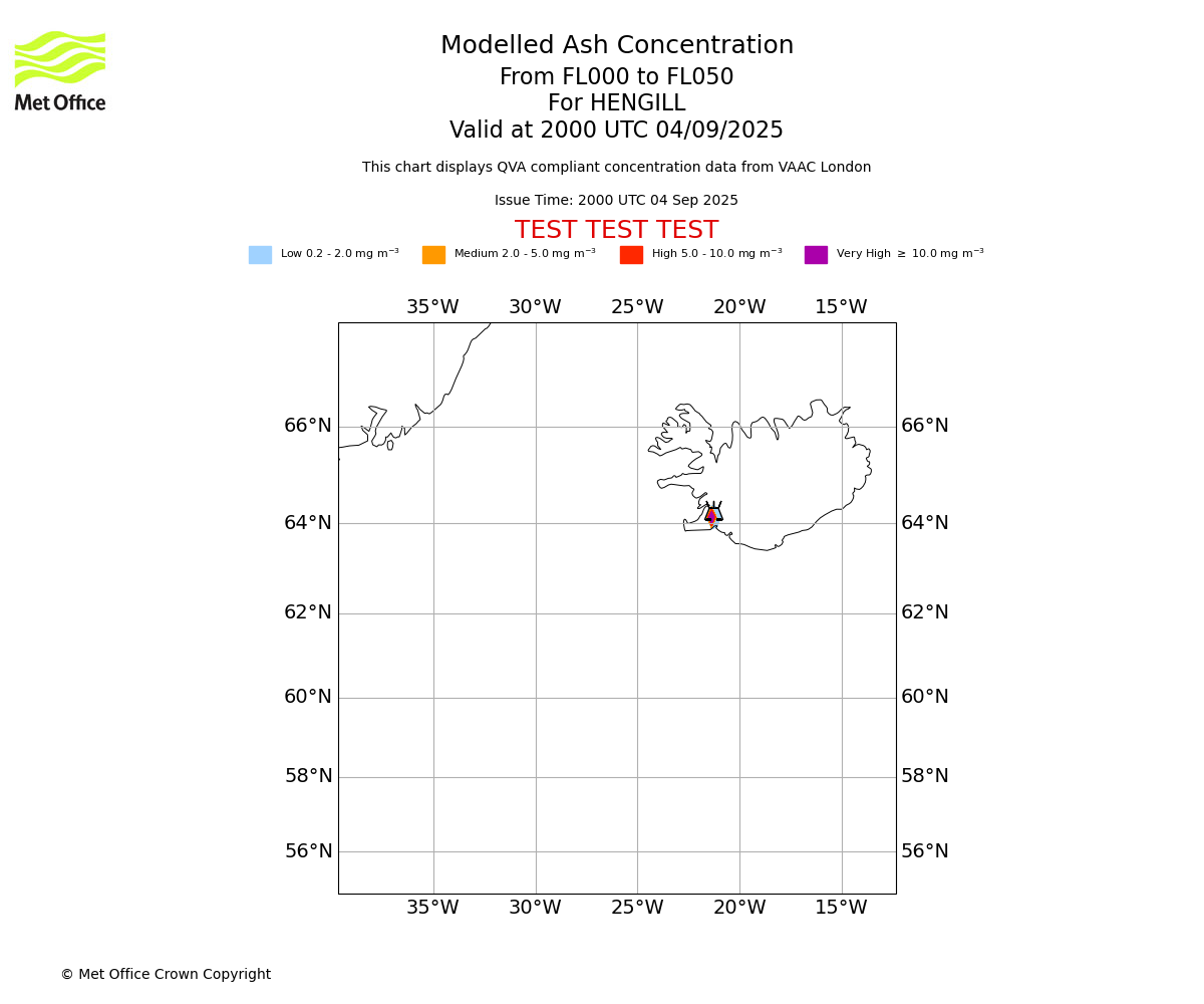 Modelled ash concentration from 000 to 050 for HENGILL. Valid at 2000 UTC 04/09/2025