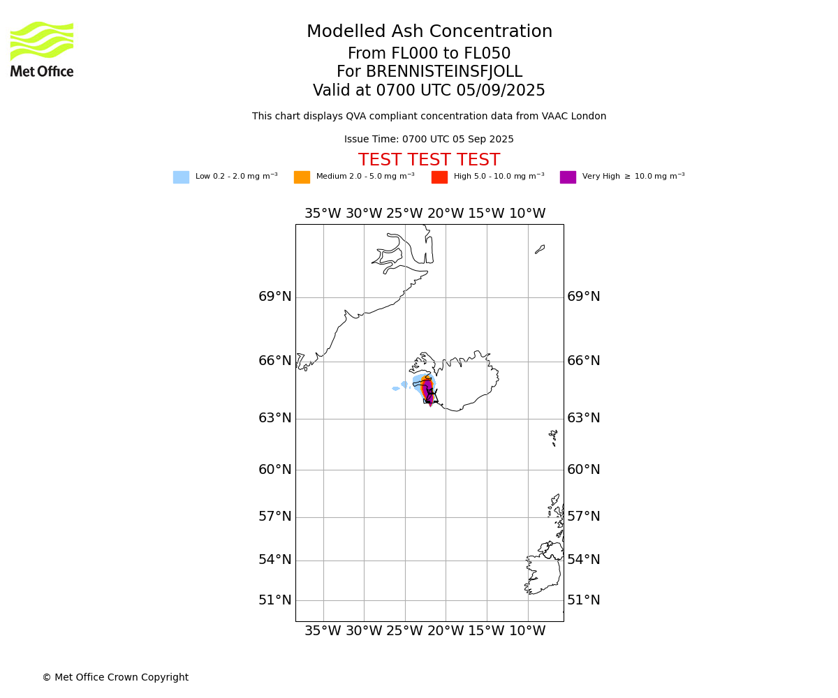 Modelled ash concentration from 000 to 050 for BRENNISTEINSFJOLL. Valid at 0700 UTC 05/09/2025