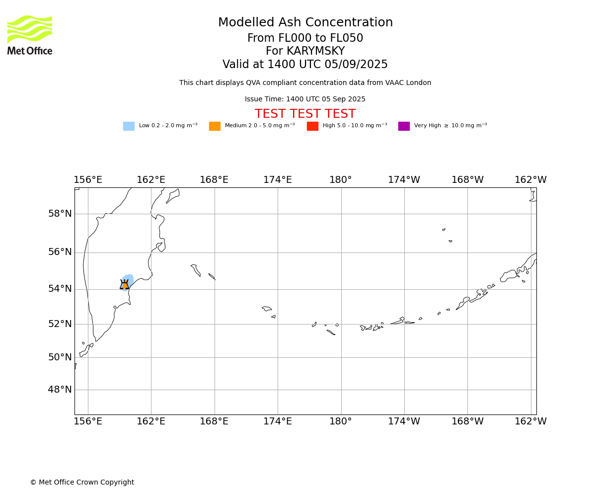 Modelled ash concentration from 000 to 050 for KARYMSKY. Valid at 1400 UTC 05/09/2025