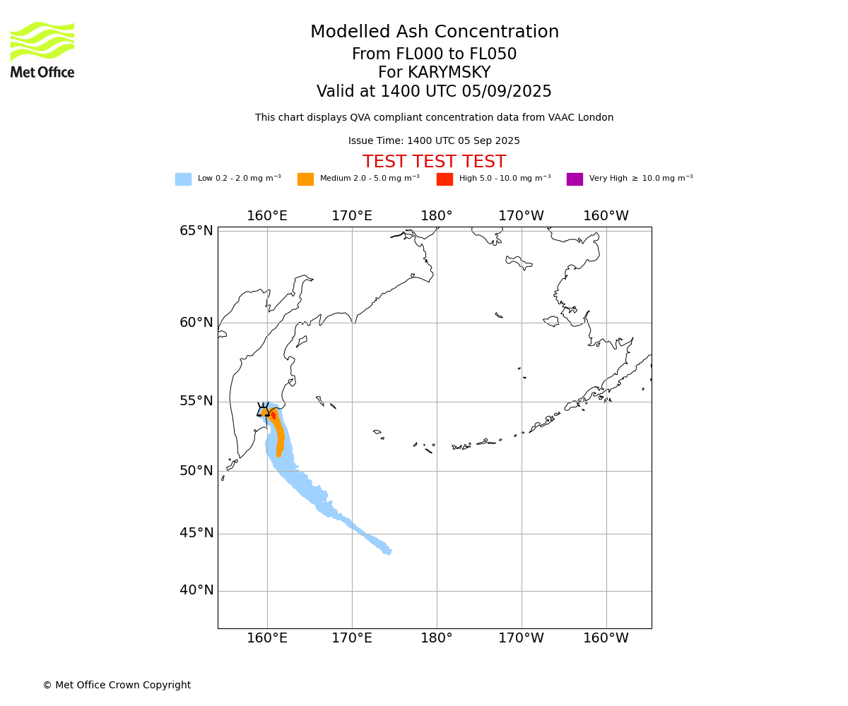 Modelled ash concentration from 000 to 050 for KARYMSKY. Valid at 1400 UTC 05/09/2025