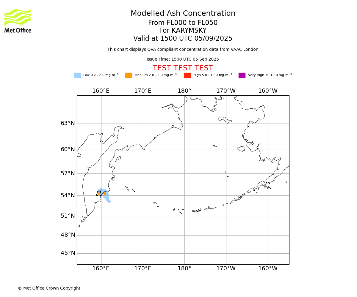 Modelled ash concentration from 000 to 050 for KARYMSKY. Valid at 1500 UTC 05/09/2025