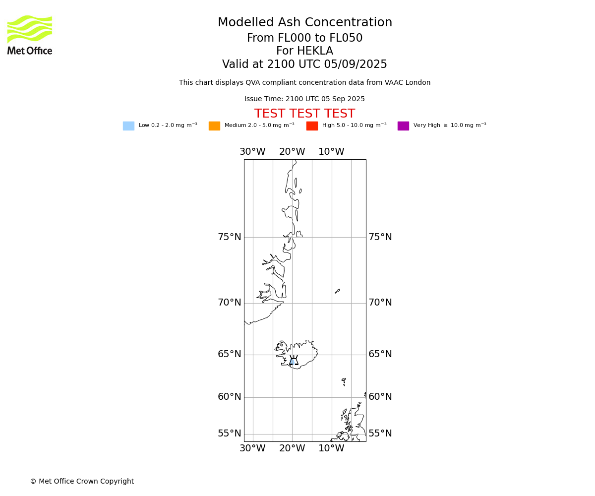 Modelled ash concentration from 000 to 050 for HEKLA. Valid at 2100 UTC 05/09/2025