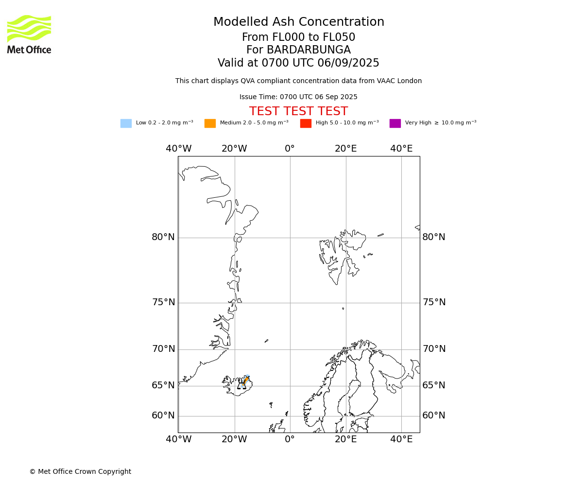 Modelled ash concentration from 000 to 050 for BARDARBUNGA. Valid at 0700 UTC 06/09/2025
