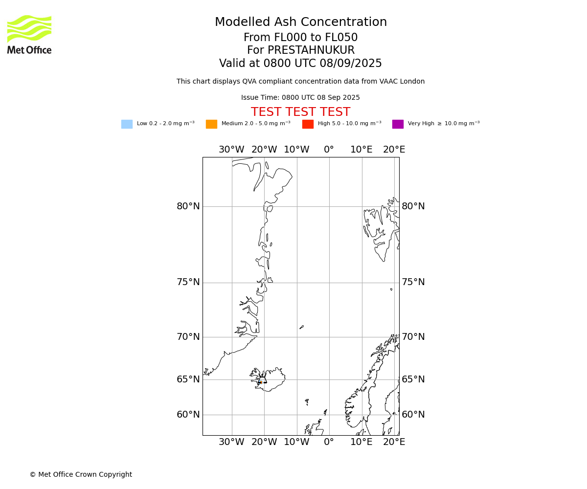 Modelled ash concentration from 000 to 050 for PRESTAHNUKUR. Valid at 0800 UTC 08/09/2025