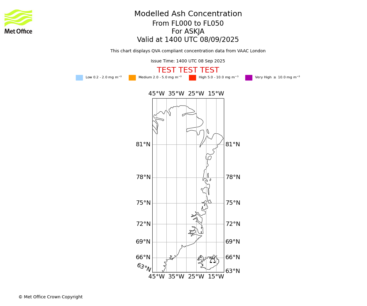Modelled ash concentration from 000 to 050 for ASKJA. Valid at 1400 UTC 08/09/2025