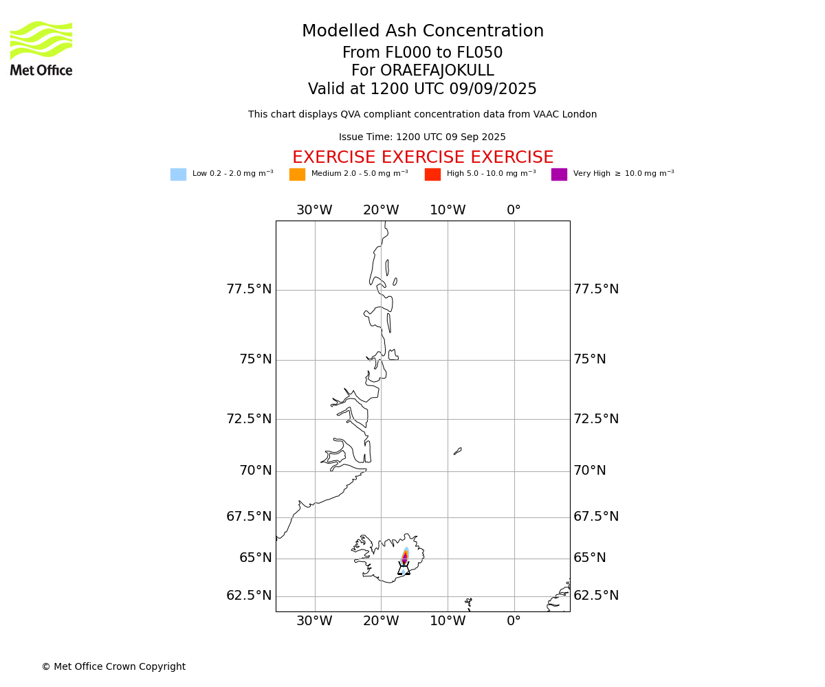 Modelled ash concentration from 000 to 050 for ORAEFAJOKULL. Valid at 1200 UTC 09/09/2025