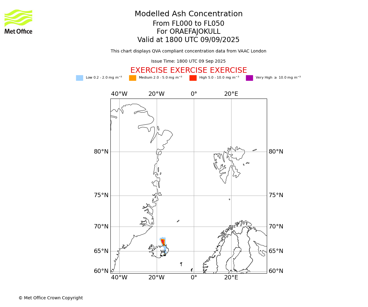 Modelled ash concentration from 000 to 050 for ORAEFAJOKULL. Valid at 1800 UTC 09/09/2025