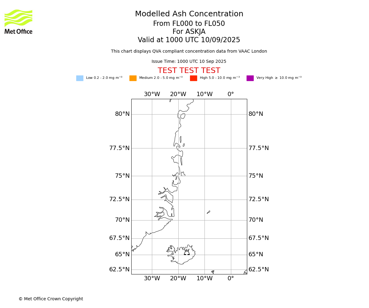 Modelled ash concentration from 000 to 050 for ASKJA. Valid at 1000 UTC 10/09/2025