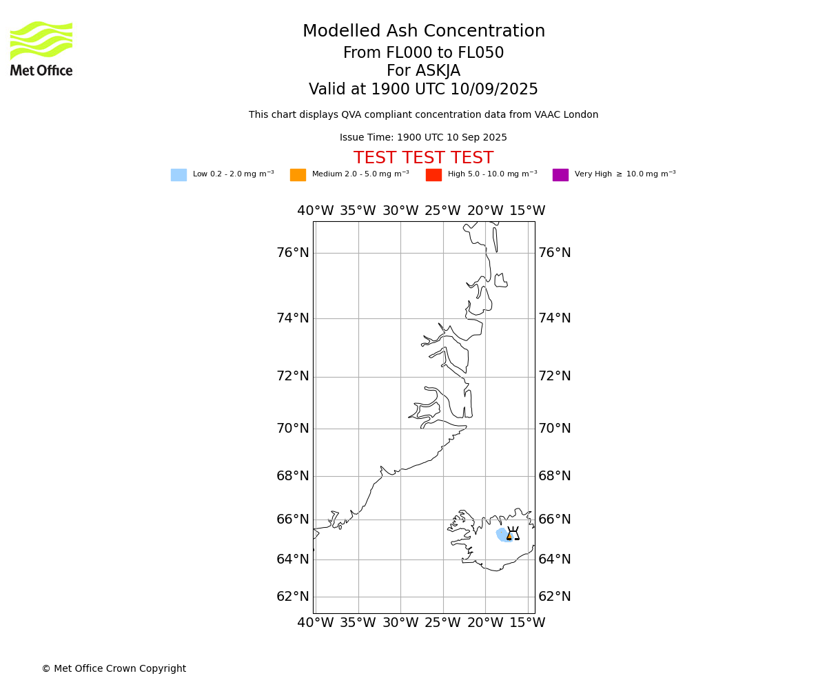 Modelled ash concentration from 000 to 050 for ASKJA. Valid at 1900 UTC 10/09/2025