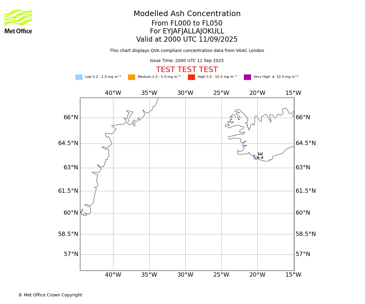 Modelled ash concentration from 000 to 050 for EYJAFJALLAJOKULL. Valid at 2000 UTC 11/09/2025