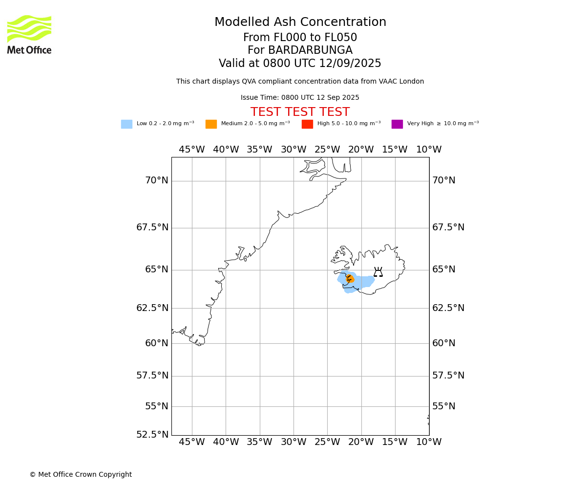 Modelled ash concentration from 000 to 050 for BARDARBUNGA. Valid at 0800 UTC 12/09/2025
