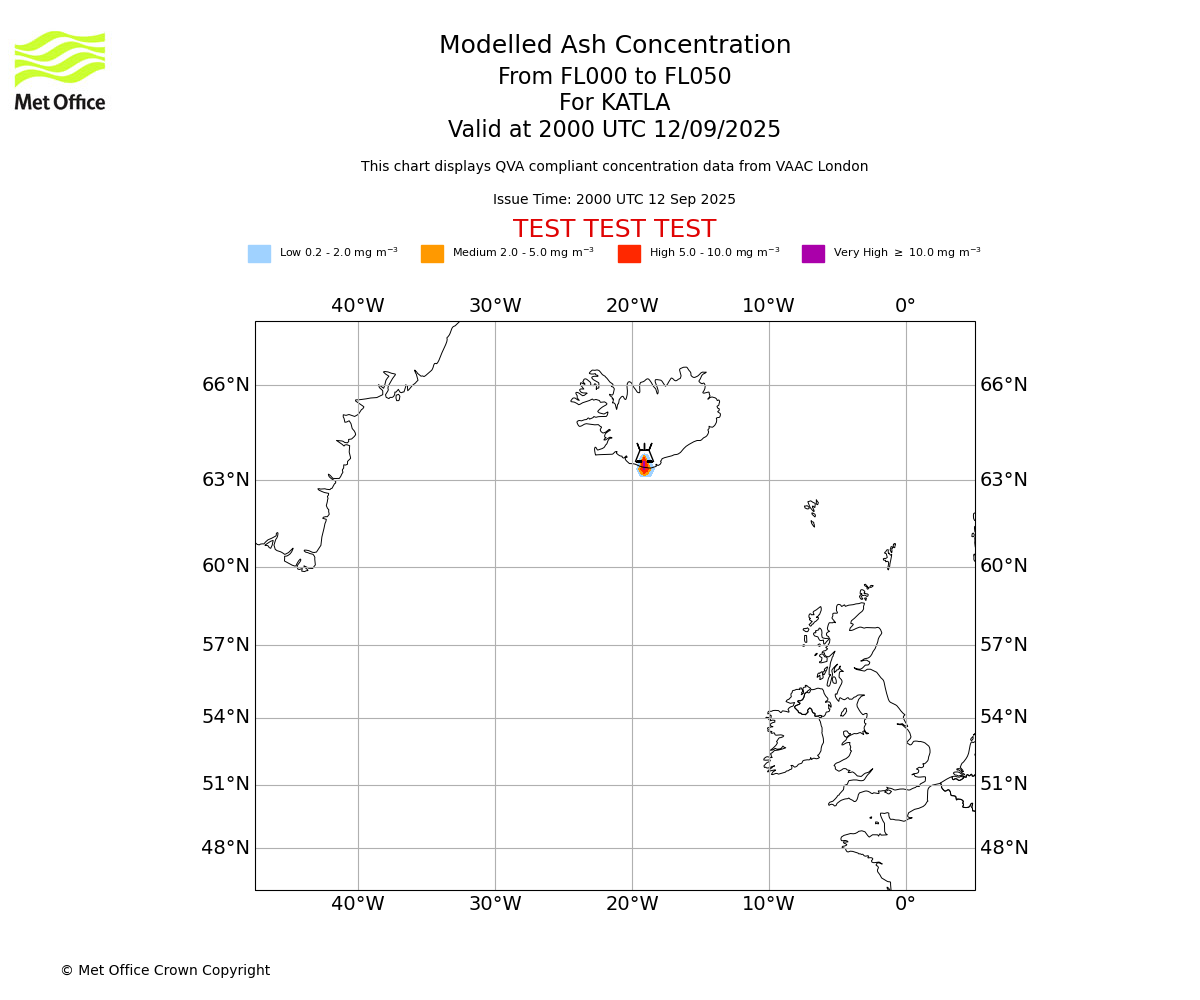Modelled ash concentration from 000 to 050 for KATLA. Valid at 2000 UTC 12/09/2025
