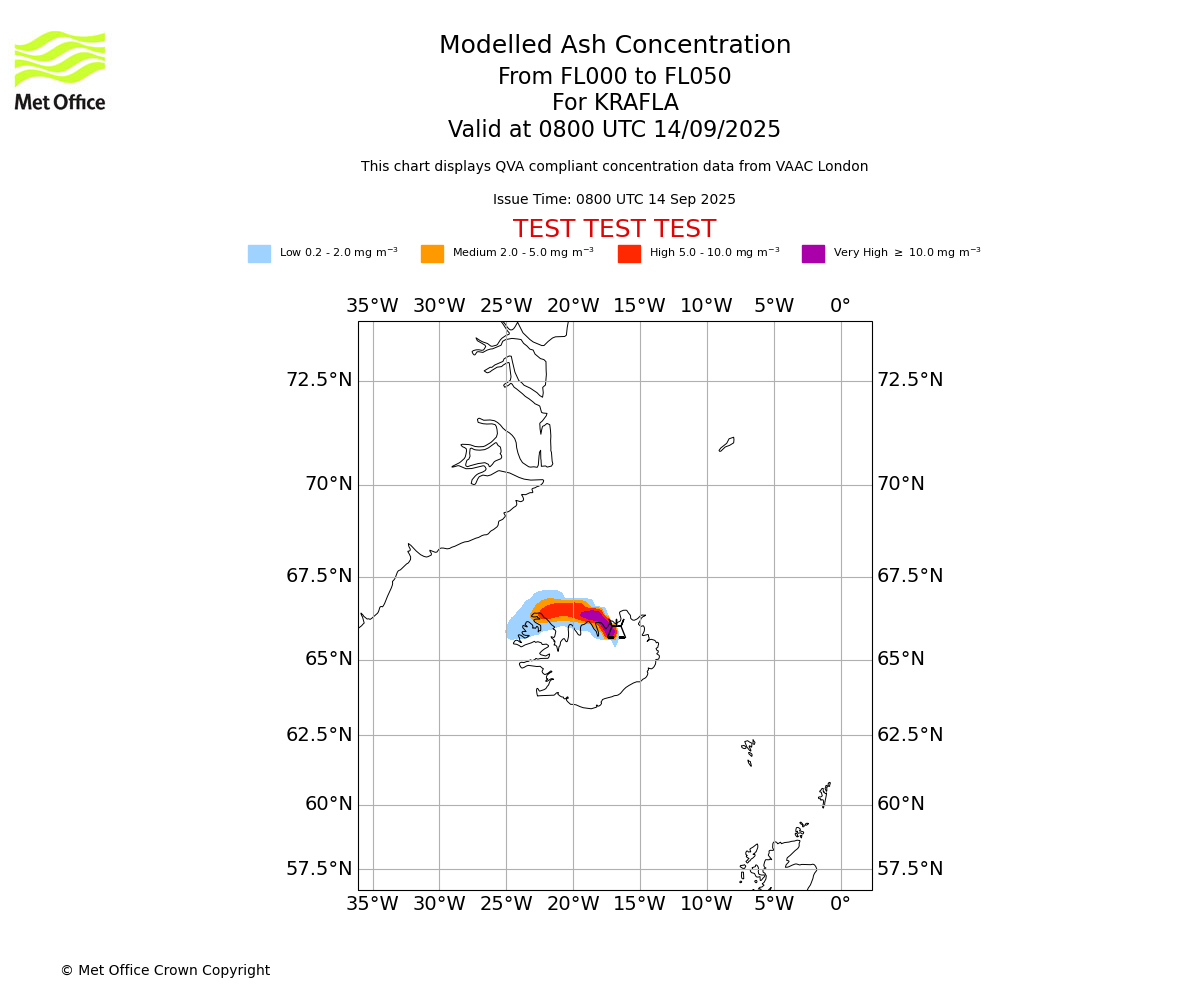 Modelled ash concentration from 000 to 050 for KRAFLA. Valid at 0800 UTC 14/09/2025