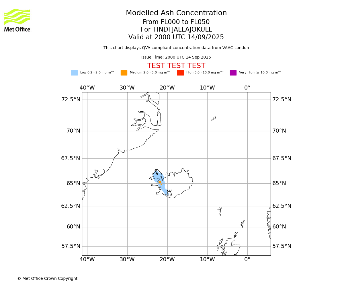 Modelled ash concentration from 000 to 050 for TINDFJALLAJOKULL. Valid at 2000 UTC 14/09/2025