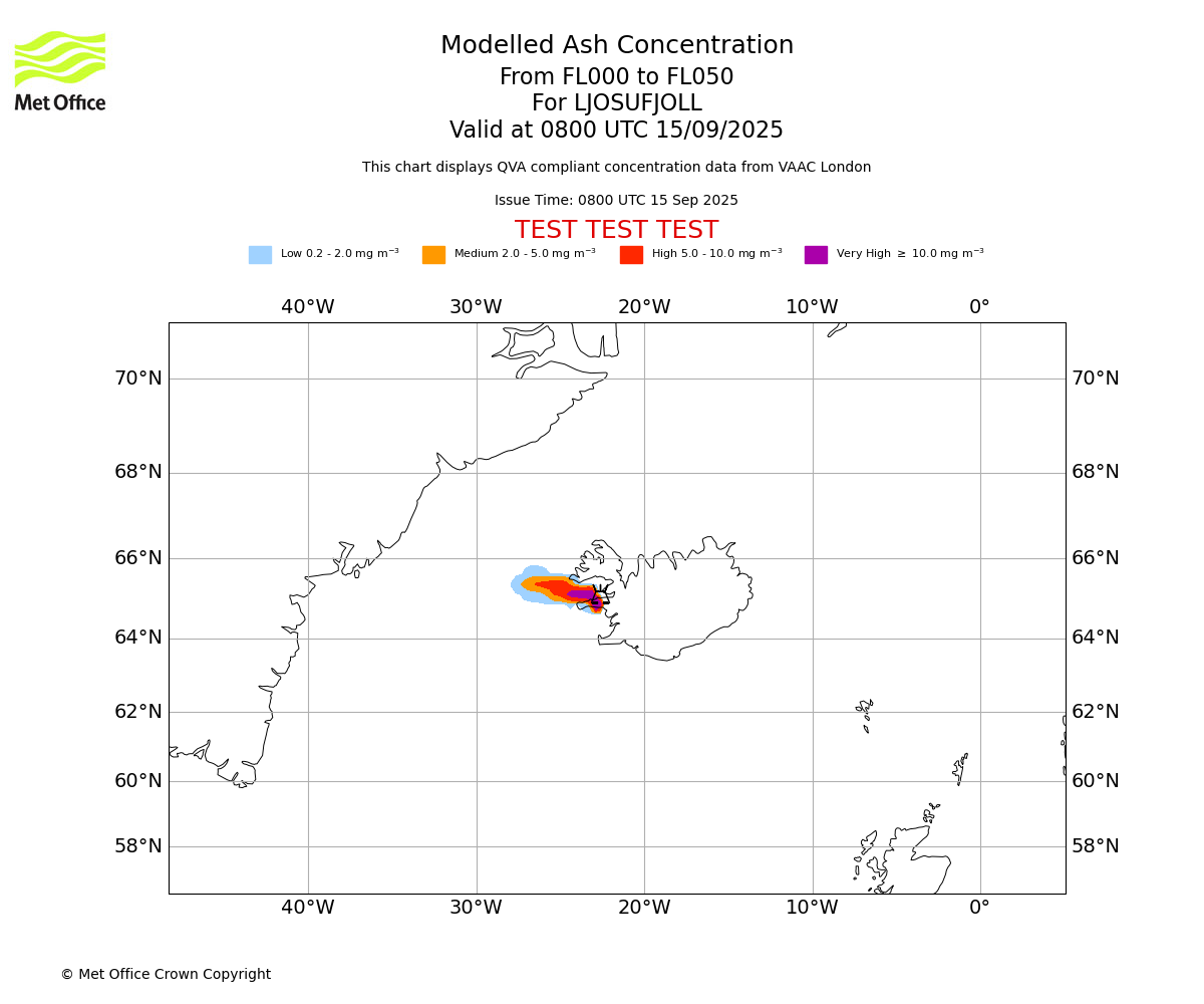 Modelled ash concentration from 000 to 050 for LJOSUFJOLL. Valid at 0800 UTC 15/09/2025