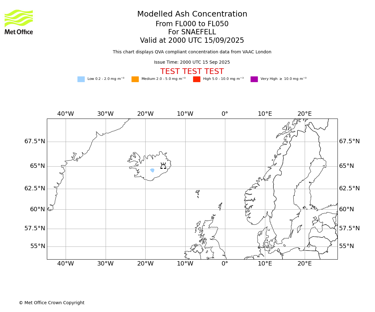 Modelled ash concentration from 000 to 050 for SNAEFELL. Valid at 2000 UTC 15/09/2025
