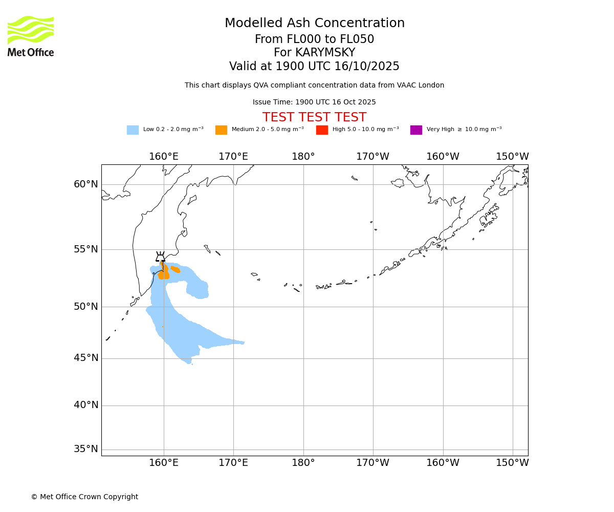 Modelled ash concentration from 000 to 050 for KARYMSKY. Valid at 1900 UTC 16/10/2025