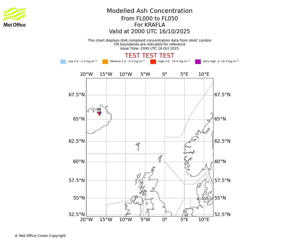Modelled ash concentration from 000 to 050 for KRAFLA. Valid at 2000 UTC 16/10/2025