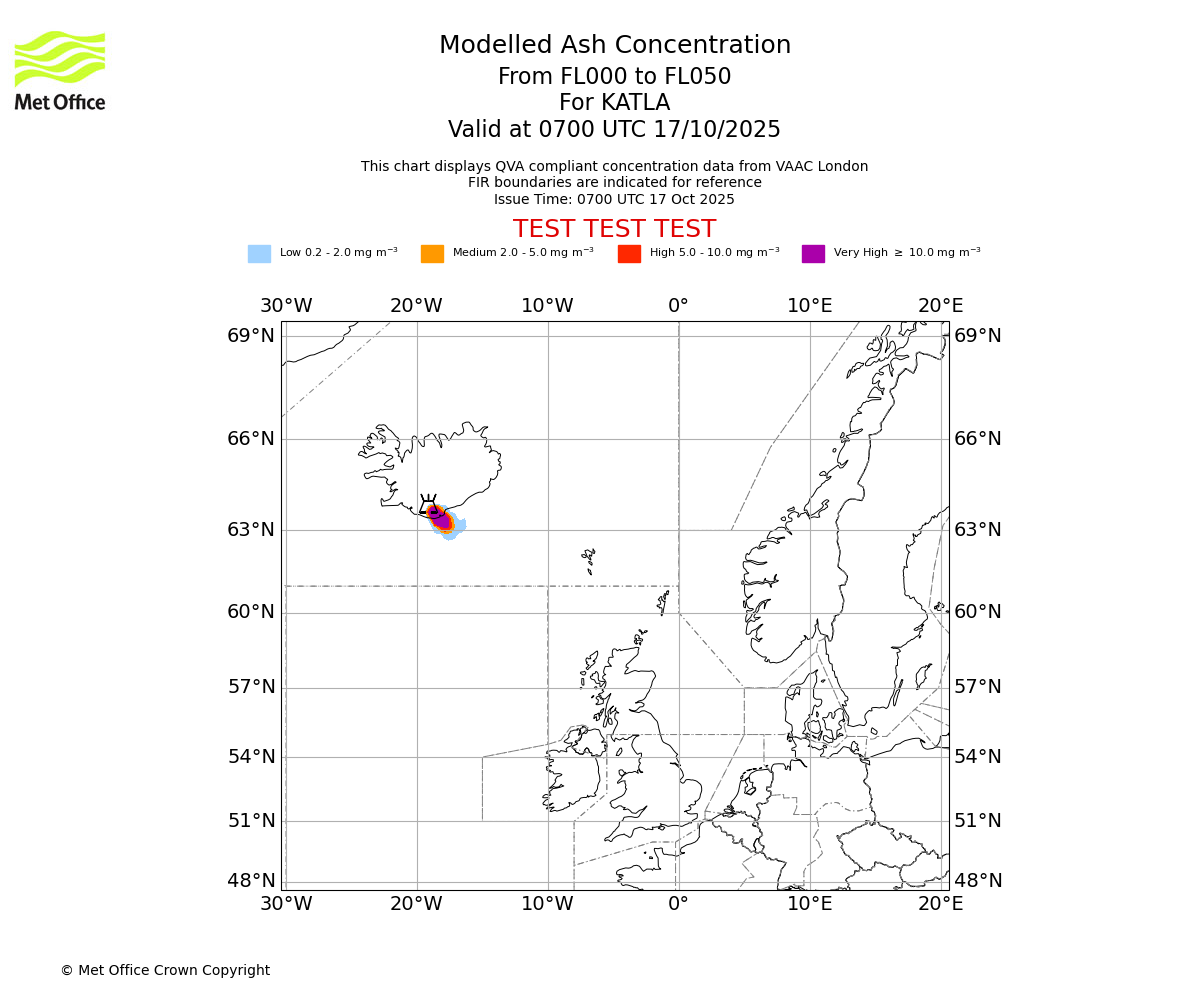 Modelled ash concentration from 000 to 050 for KATLA. Valid at 0700 UTC 17/10/2025