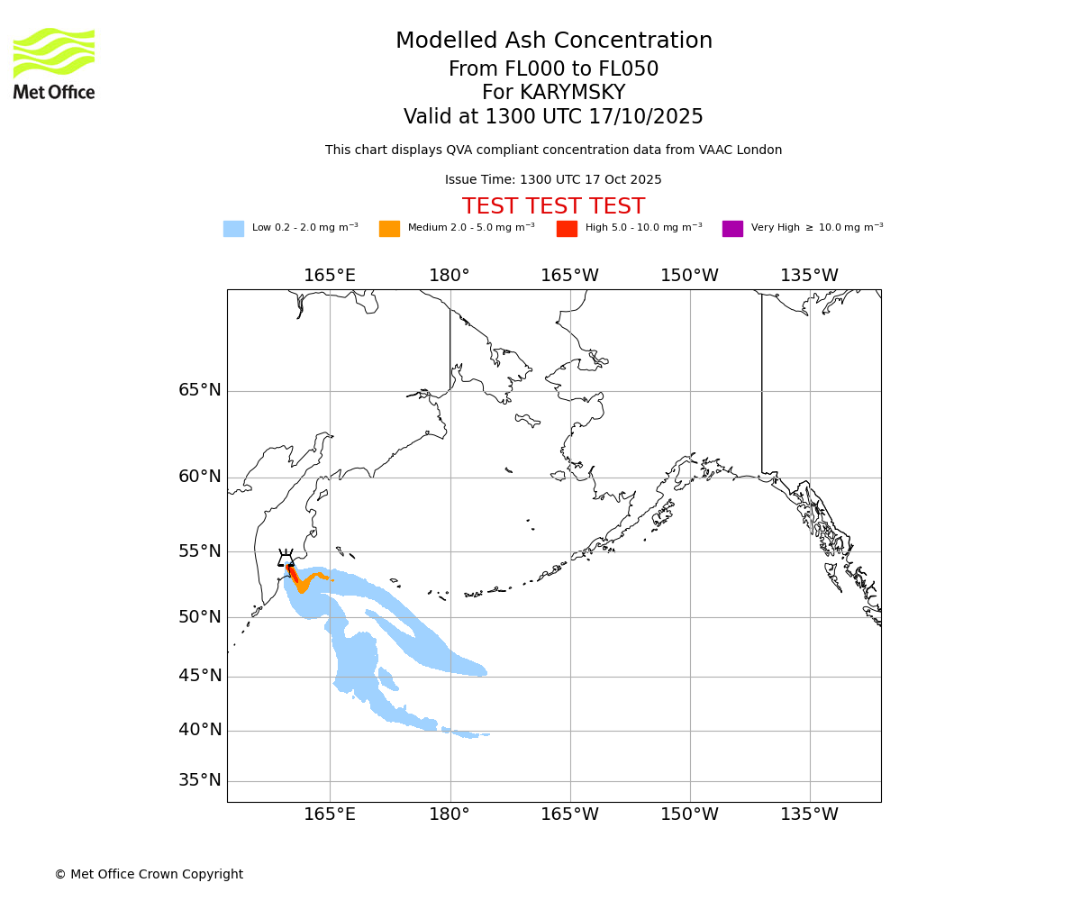 Modelled ash concentration from 000 to 050 for KARYMSKY. Valid at 1300 UTC 17/10/2025