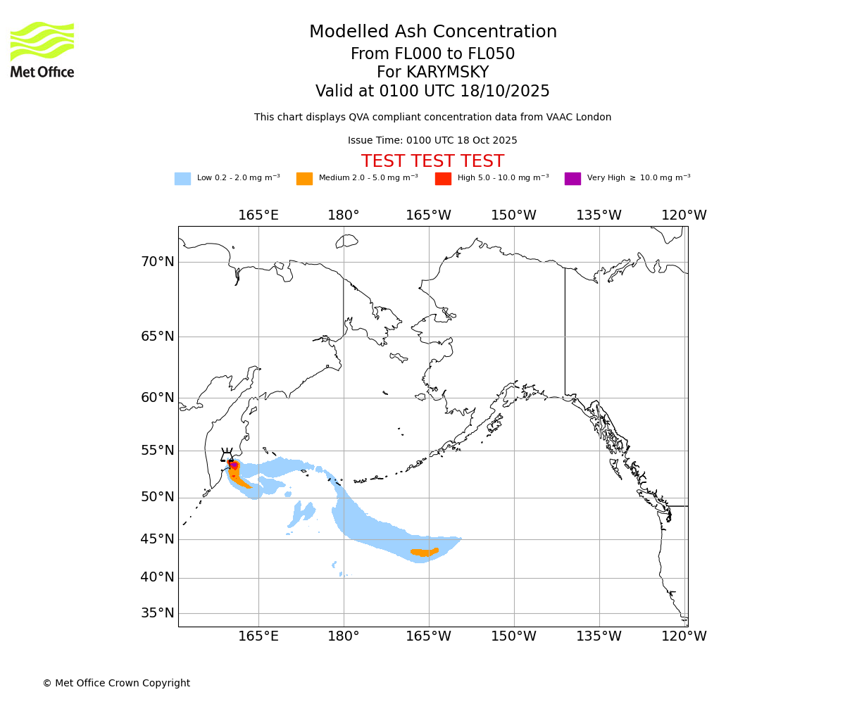 Modelled ash concentration from 000 to 050 for KARYMSKY. Valid at 0100 UTC 18/10/2025