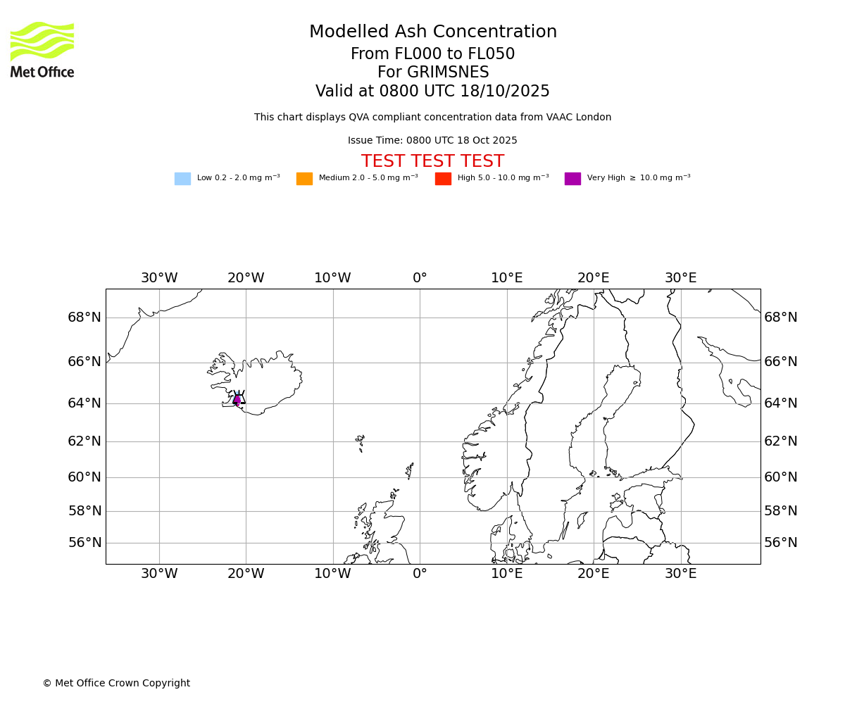 Modelled ash concentration from 000 to 050 for GRIMSNES. Valid at 0800 UTC 18/10/2025
