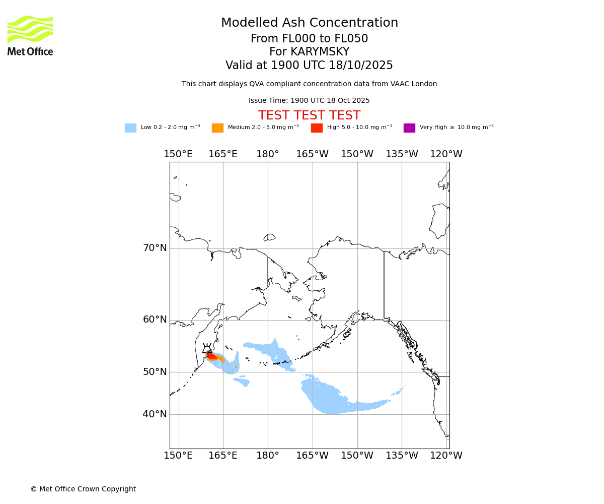 Modelled ash concentration from 000 to 050 for KARYMSKY. Valid at 1900 UTC 18/10/2025