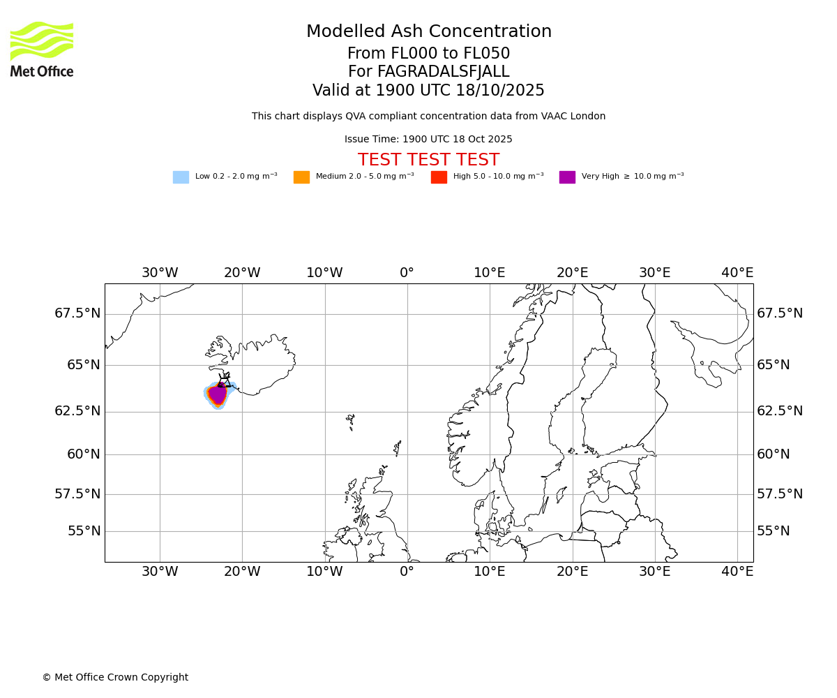 Modelled ash concentration from 000 to 050 for FAGRADALSFJALL. Valid at 1900 UTC 18/10/2025