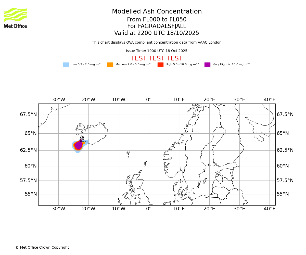 Modelled ash concentration from 000 to 050 for FAGRADALSFJALL. Valid at 2200 UTC 18/10/2025