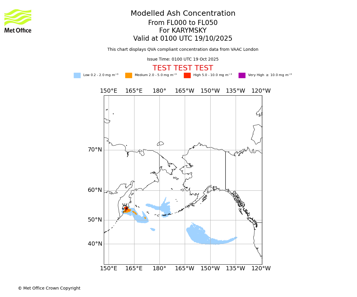 Modelled ash concentration from 000 to 050 for KARYMSKY. Valid at 0100 UTC 19/10/2025