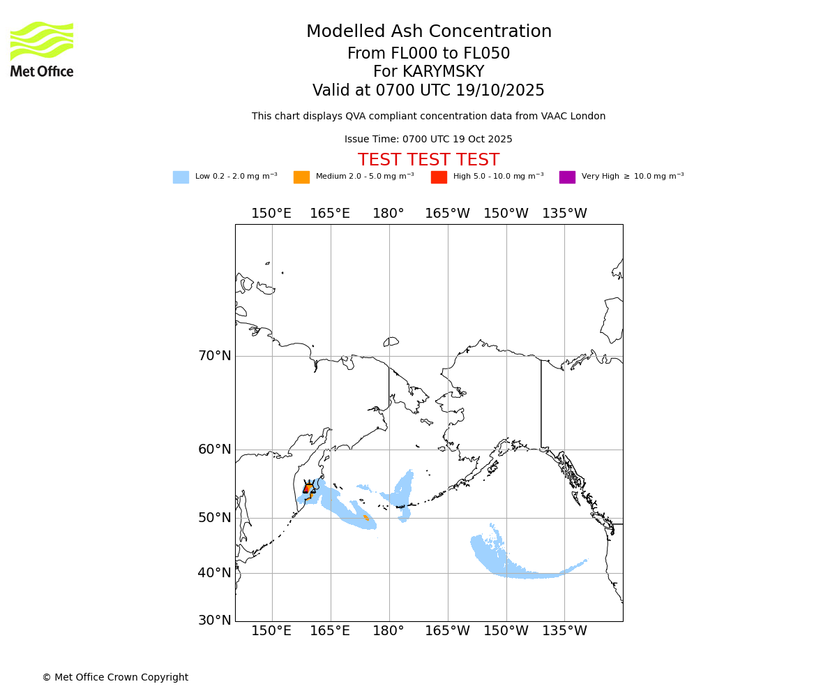 Modelled ash concentration from 000 to 050 for KARYMSKY. Valid at 0700 UTC 19/10/2025