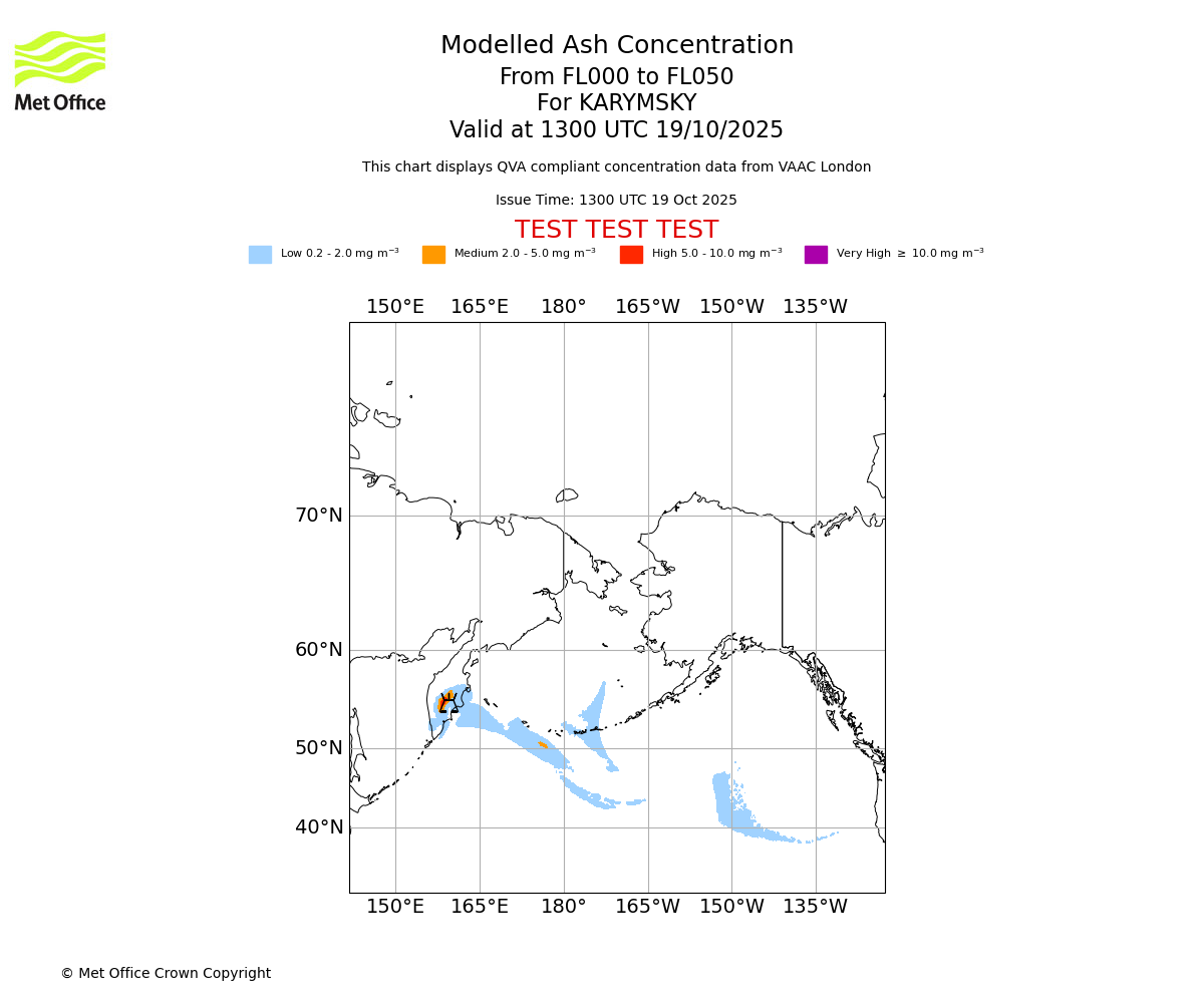 Modelled ash concentration from 000 to 050 for KARYMSKY. Valid at 1300 UTC 19/10/2025