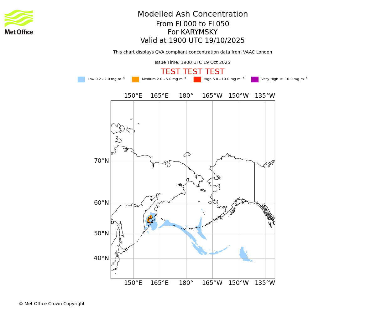 Modelled ash concentration from 000 to 050 for KARYMSKY. Valid at 1900 UTC 19/10/2025