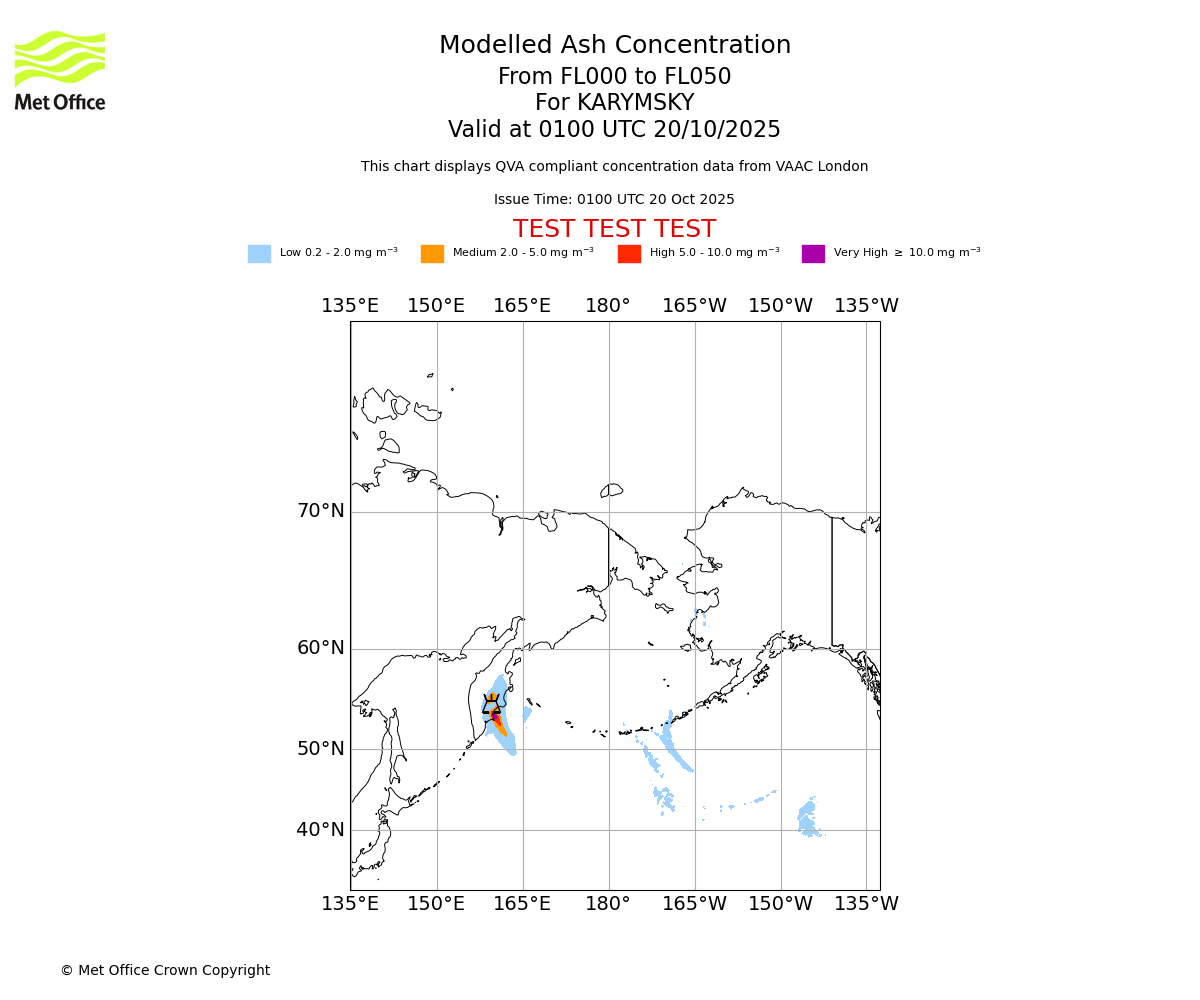 Modelled ash concentration from 000 to 050 for KARYMSKY. Valid at 0100 UTC 20/10/2025
