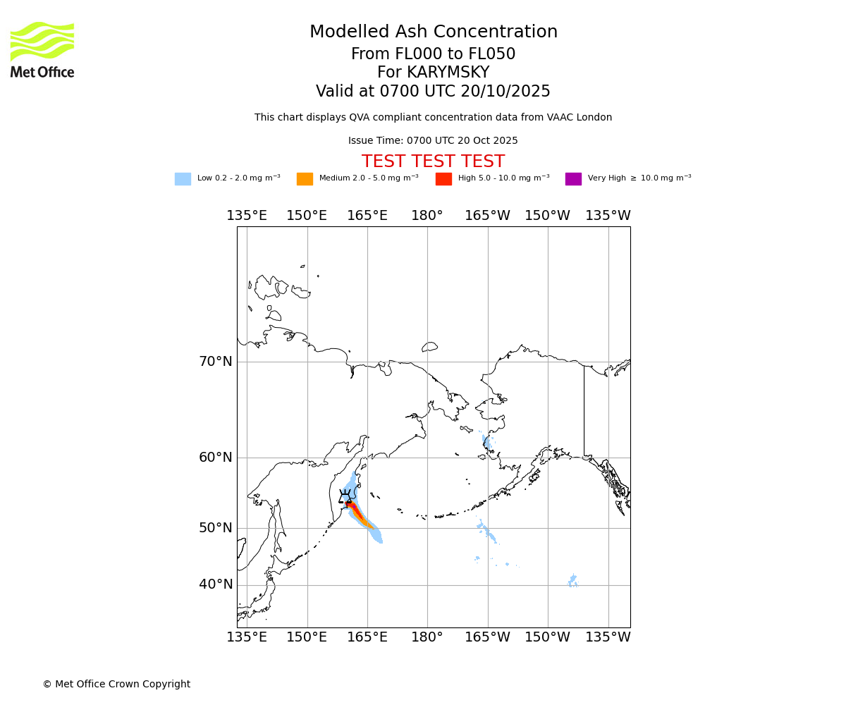Modelled ash concentration from 000 to 050 for KARYMSKY. Valid at 0700 UTC 20/10/2025